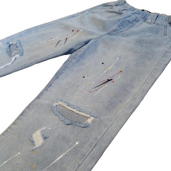 Grace Chow Jeans Size 8 WIDE LEG Distressed Painted Straight  Baggy 100% Cotton - Picture 3 of 16